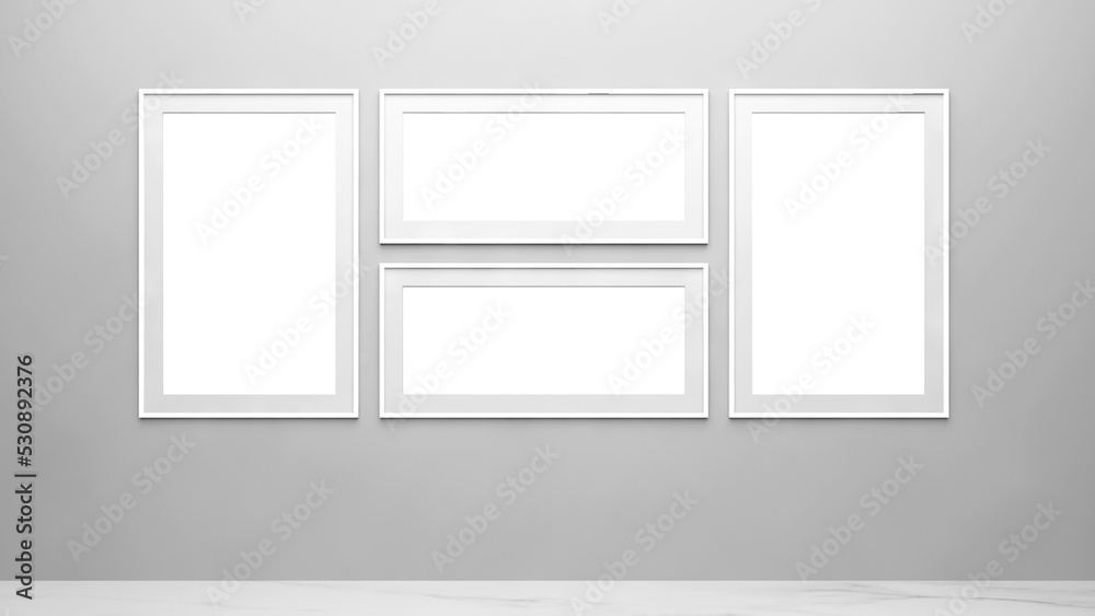 Empty frames mockup on the wall. White picture frames mockup on the wall. A horizontal and vertical frame for painting. Four empty white mockup frames hanging on a white wall. 3d illustration. Empty frames mockup on the wall. White picture frames mockup on the wall. A horizontal and vertical frame for painting. Four empty white mockup frames hanging on a white wall. 3d illustration.