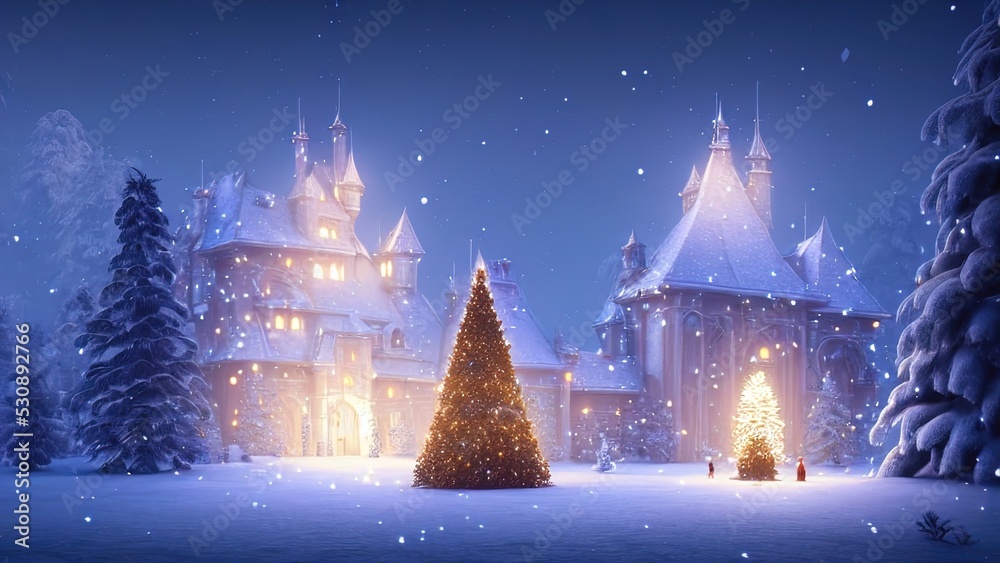 Fototapeta premium Winter fairy castle, holiday decorations, neon, night, lanterns and garlands. Winter night landscape forest near the river. Christmas tree. Festive background. 3D illustration