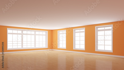 Interior Corner of the Empty Room with Orange Walls, Four Windows, Light Glossy Parquet Floor and a White Plinth. Room with Perspective View. 3d rendering with a Work Path on the Windows. 8K Ultra HD