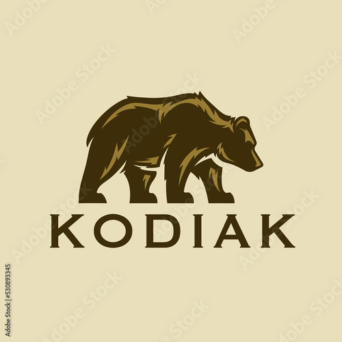 Kodiak brown bear logo. American grizzly bear icon. Alaskan wildlife symbol. Wild animal outdoor brand design element. Vector illustration.