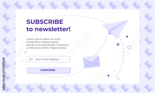 Subscribe banner with letter and paper airplane icon. Vector banner of email marketing. Subscription to newsletter, news, offers, promotions. Send by mail. Follow me.
