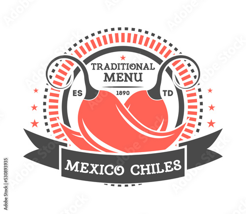 Mexico chiles vintage isolated label. Traditional authentic mexican culture element, national festival event emblem vector illustration.