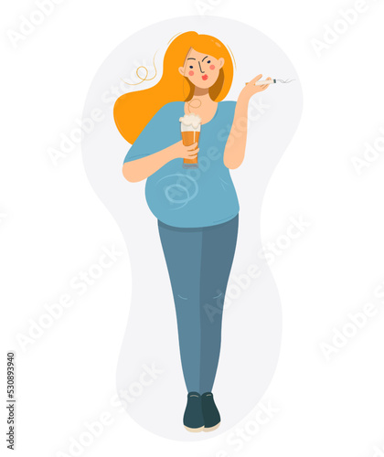 Unhealthy lifestyle of a pregnant woman. Irresponsible future mother smokes and drinks beer, harming the unborn child. Flat style. Smoking and drinking during pregnancy concept vector illustration.