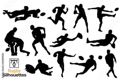 Set of isolated silhouettes of rugby players in different poses.