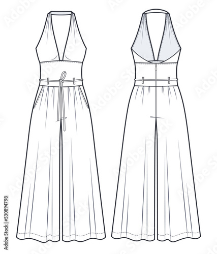 Women's overall Jumpsuit technical fashion Illustration. Jumpsuit with Palazzo Pants fashion flat technical drawing template, off shoulder, v neckline, zip up, front, back view, white, CAD mockup.