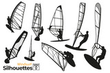 Isolated group of windsurfing silhouettes.