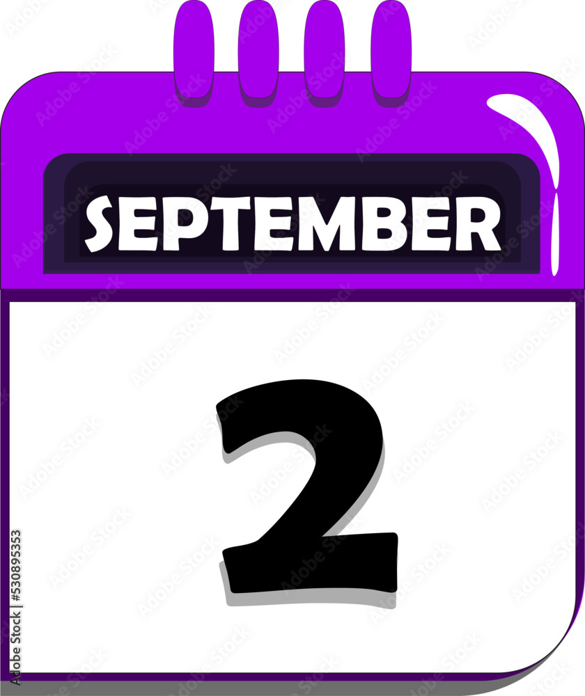 2nd of September. calendar with date number two, second day of september, month of september