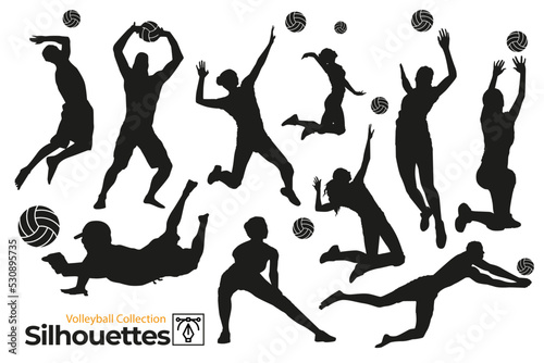 Isolated silhouettes of volleyball. Players practicing sport.