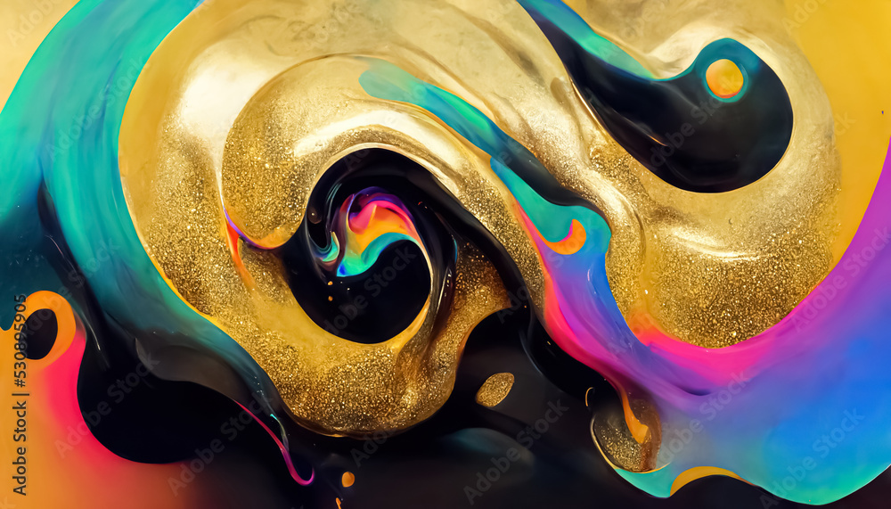 Creative colorful neon gold abstract dynamic twisted fluid liquid shape background. 3D illustration.