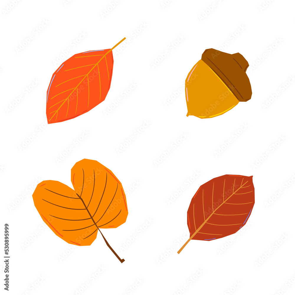 Obraz premium Autumn leaves set, isolated on white background. Simple cartoon flat style. Isolated vector illustration. Design for stickers, logo, web and mobile app.