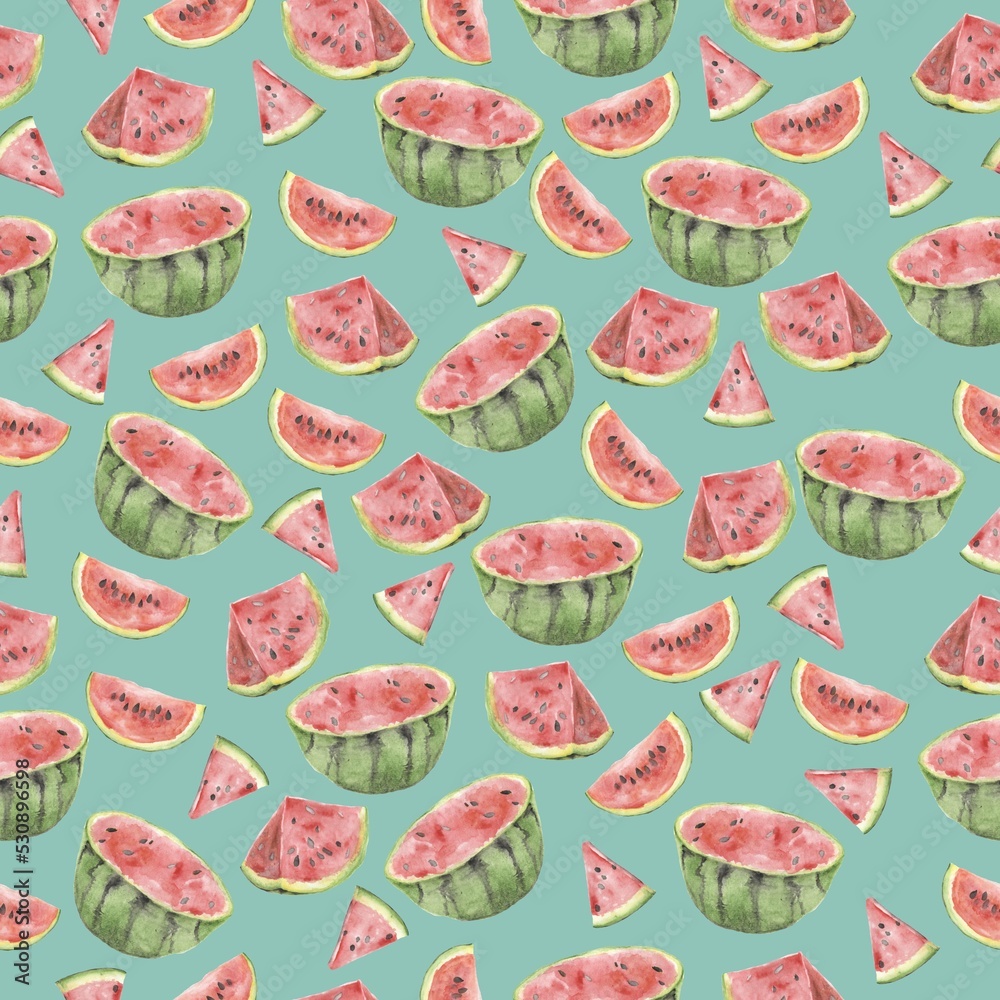 Seamless watercolor of watermelon slices and seeds. Summer red fruit, watermelon pattern. Summer background.