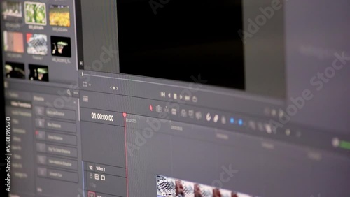 Professional video editing process for movie production with expert software to cut footage clips and mix sequences or color grading with cinematic effects and video and sound design in studio quality photo