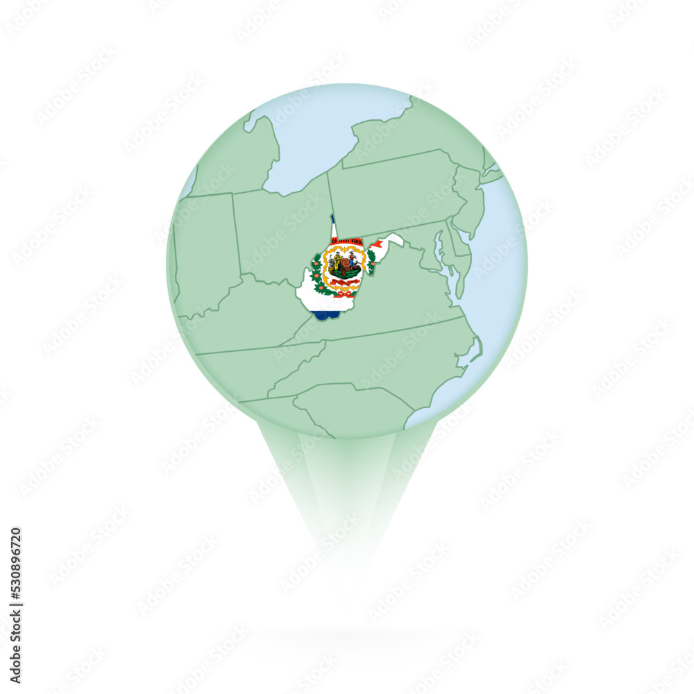 West Virginia map, stylish location icon with West Virginia map and flag. West Virginia map, stylish location icon with West Virginia map and flag.
