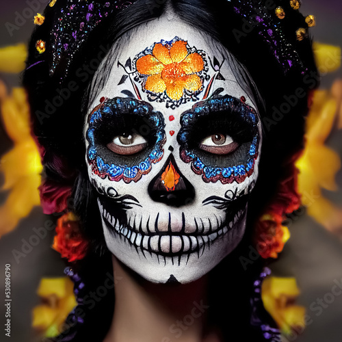 The day of the dead Calavera Catrina. Woman with traditional sugar skull makeup. 3D illustration. photo