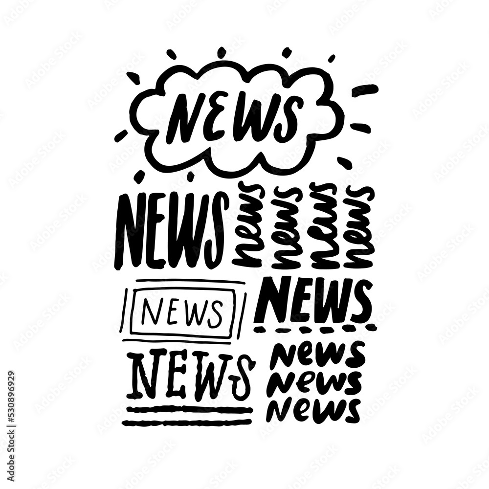 News banner, different handwritten lettering styled word news. Black vector text collage, typography caption