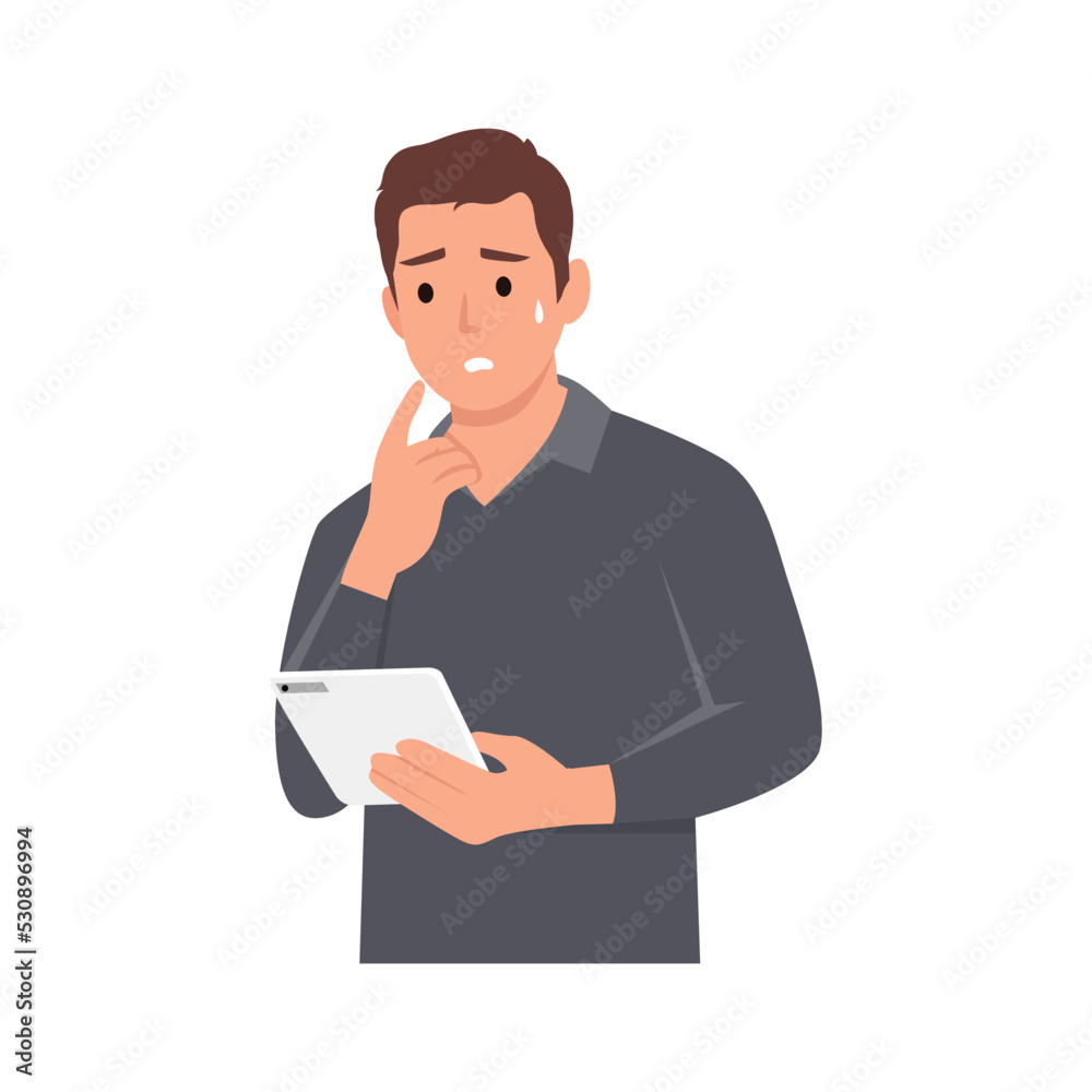 Young man holding mobile and grabbed his head with headache. Flat vector illustration isolated on white background