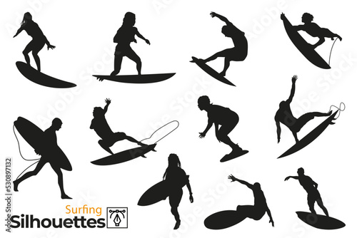 Group of isolated silhouettes of people surfing.