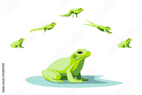 Cartoon Color Characters Green Frog Jumping Animation Series Set Toad Move Concept Flat Design Style. Vector illustration