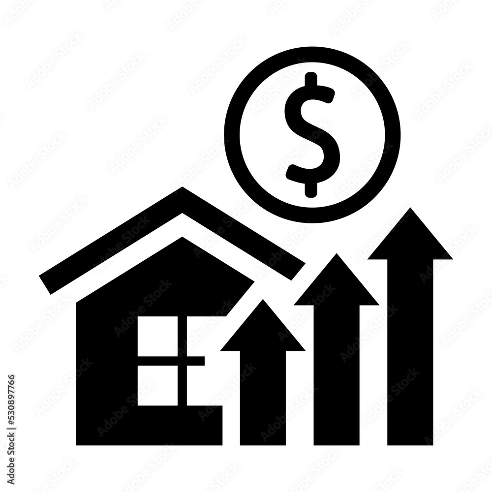 House investment growth icon. Real estate. Property value. Vector icon isolated on white background. House investment growth icon. Real estate. Property value. Vector icon isolated on white background.