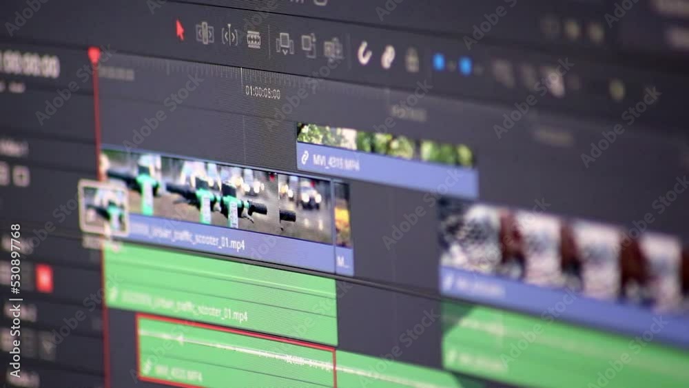 Professional video editing process for movie production with expert software to cut footage clips and mix sequences or color grading with cinematic effects and video and sound design in studio quality