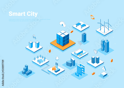 Smart City Innovation Technology Future Concept 3D Isometric View Template Banner Poster Card Map Elements. Vector illustration