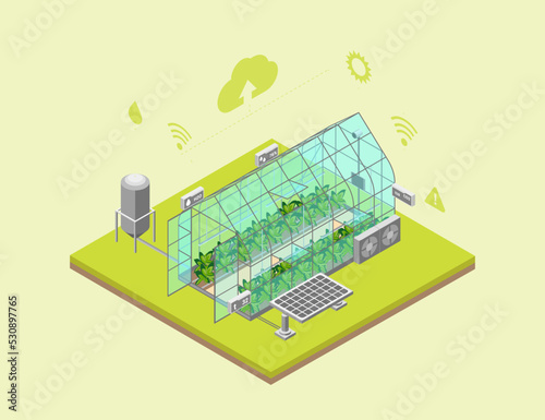 Smart Greenhouse with Solar Panels Hitech Concept 3D Isometric View Technology for Farming Industry. Vector illustration