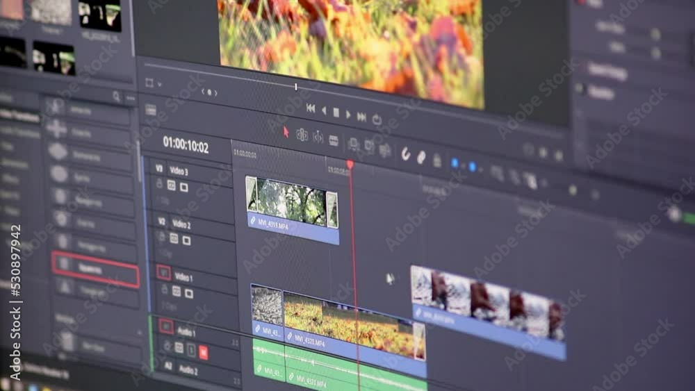 Professional video editing process for movie production with expert software to cut footage clips and mix sequences or color grading with cinematic effects and video and sound design in studio quality