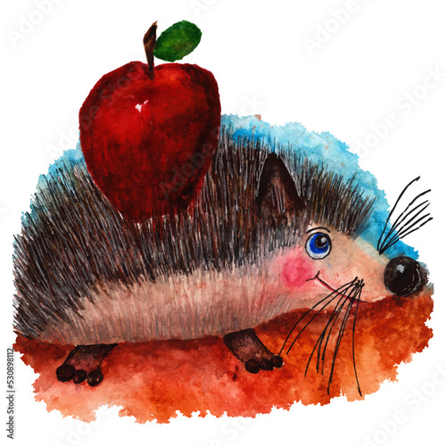 Watercolor illustration of a hedgehog with an apple