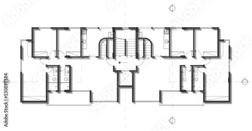 Projeto de arquitetura representando a planta-baixa de uma edificação de apartamentos, ou casa geminada photo
