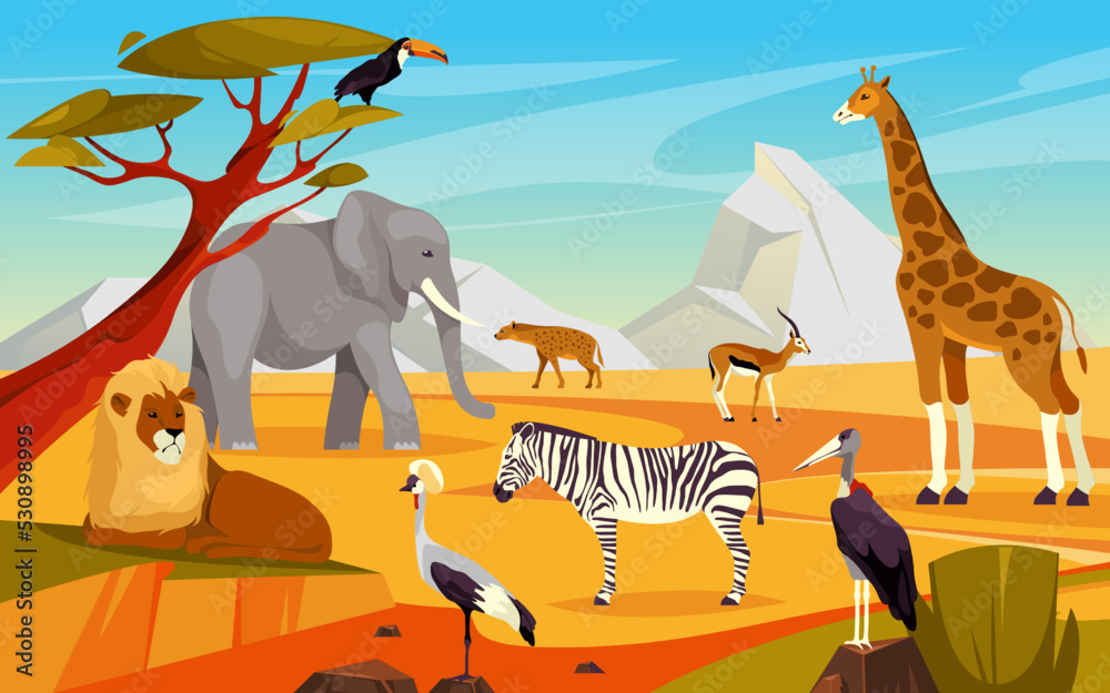 Fototapeta premium African scape with exotic animals, vector banner