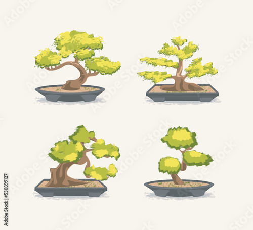 Cartoon Color Different Japanese Bonsai Icons Set Traditional Asian Decoration Concept Flat Design Style. Vector illustration