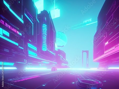 Cyberpunk Industrial Abstract Future Wallpaper. Urban Futuristic concept. Blue pink violet Evening urban landscape. 3D illustration.