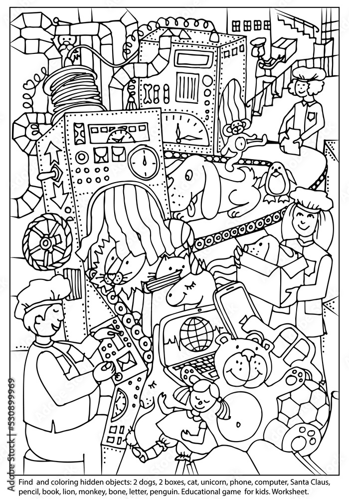 Coloring page with game find  hidden objects. Toy factory. Conveyor. Waiting for Christmas. Hand drawn vector. Coloring book. Worksheet.