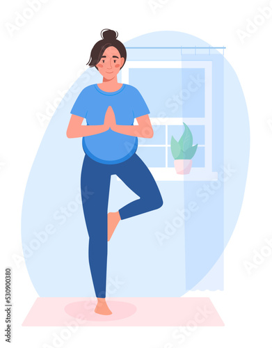 A pregnant woman practices yoga. The girl in an asana, Vector illustration in flat style, isolated background.