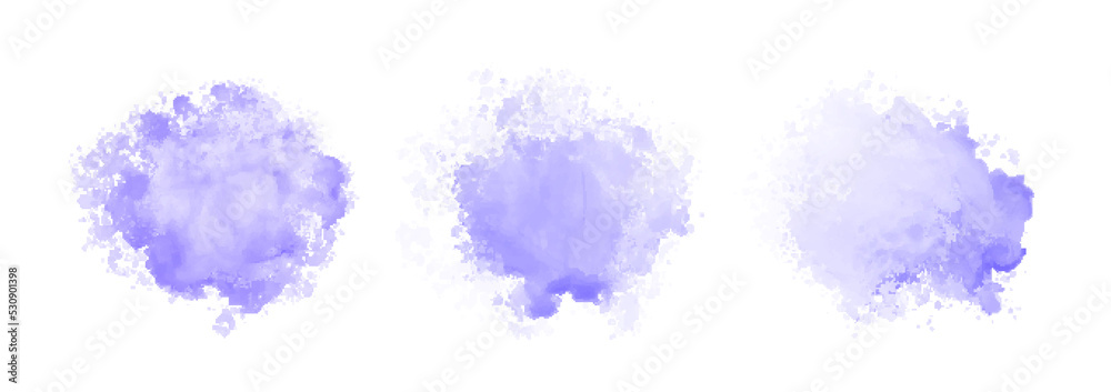 Set of abstract purple watercolor water splash on a white background. Vector watercolour texture in blue color. Ink paint brush stain. Purple soft light blot. Watercolor violet splash