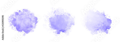 Set of abstract purple watercolor water splash on a white background. Vector watercolour texture in blue color. Ink paint brush stain. Purple soft light blot. Watercolor violet splash