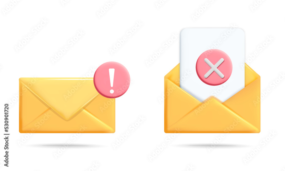 Set of 3d vector yellow email envelope with danger warning and denied canceled icons illustration. Envelope with alert notification message, cross mark, cancellation, disapproved. Set of 3d vector yellow email envelope with danger warning and denied canceled icons illustration. Envelope with alert notification message, cross mark, cancellation, disapproved.