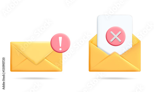 Set of 3d vector yellow email envelope  with danger warning and denied canceled icons illustration. Envelope with alert notification message, cross mark,  cancellation, disapproved.