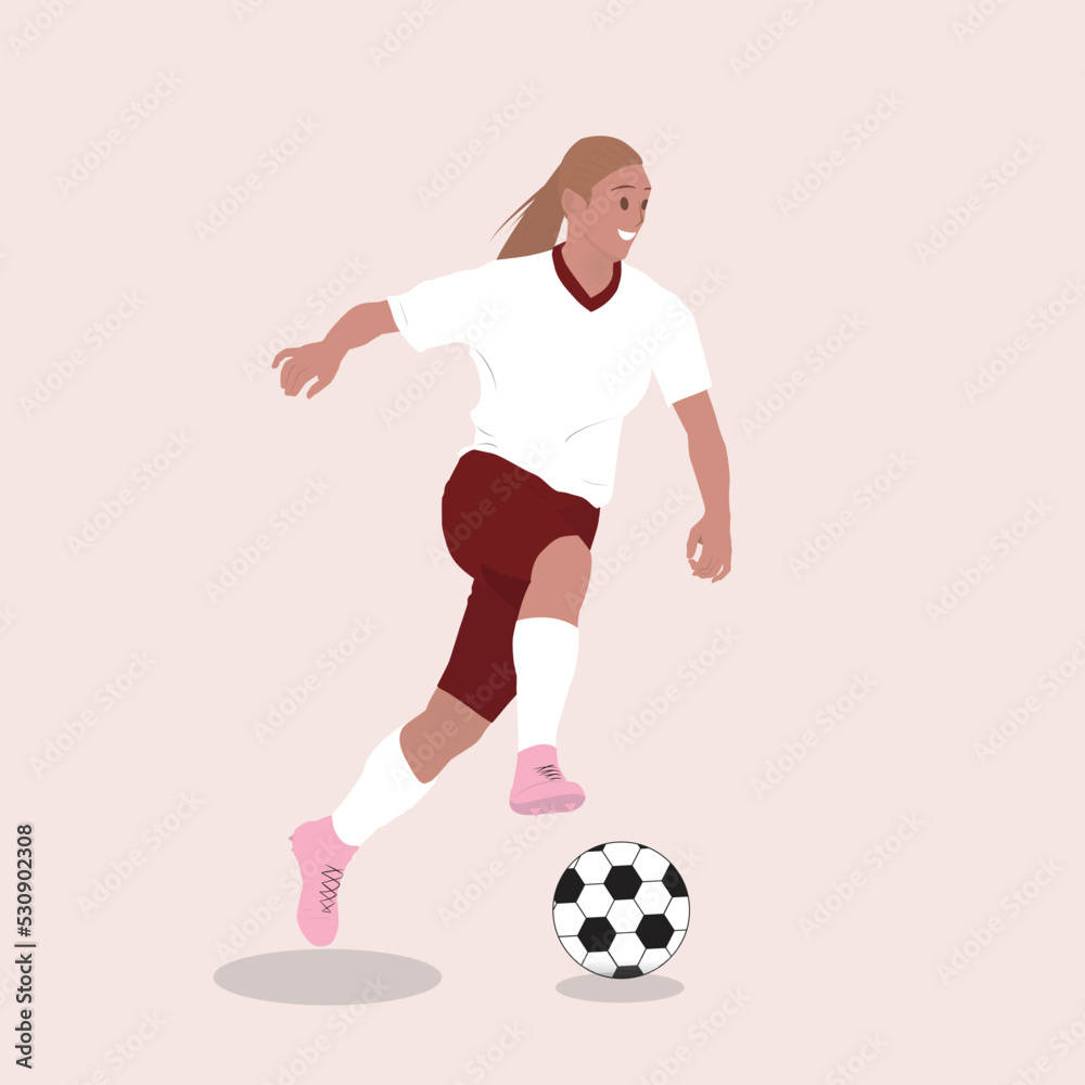 Illustration woman playing women's soccer kicking ball pink background