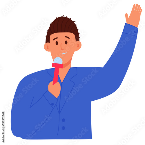 Reporter man with a microphone gives an interview. Broadcast journalist icon isolated on white background. Television and people talking on live broadcast. Character announcer vector illustration