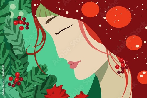 Christmas with bright crimson and dark fir green woman with snow  holly  Christmas bauble and berries  romantic