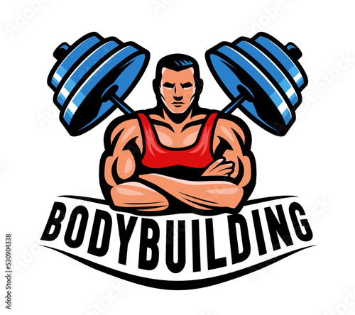 Muscular bodybuilder and barbell emblem. Bodybuilding logo or badge. Gym symbol vector illustration