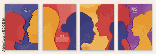 Community collaborators or colleagues. Group diversity silhouette people from the side. Concept of bargain agreement or pact. Collaborate.Co-workers. Banner - web page - poster - template