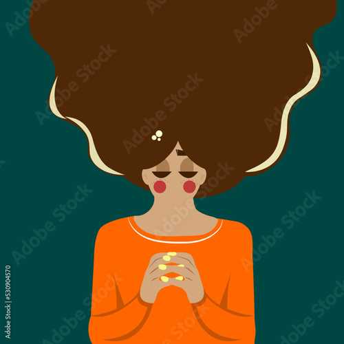 Vector flat illustration of a young girl with long hair. The image can be supplemented with your own object.