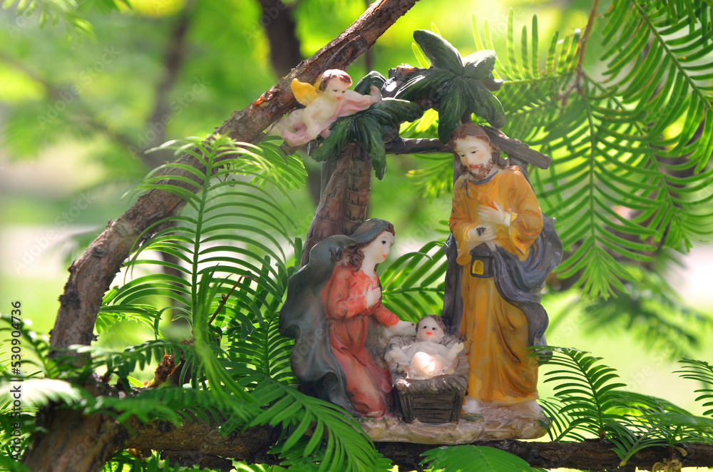 Religion Christmas decorative scene with new born Baby Jesus, Mary