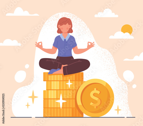 Financial guru concept. Successful female entrepreneur sits in lotus position on stack of gold coins. Smart investor manages money or budget. Wealth and high income. Cartoon flat vector illustration