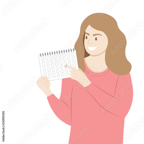 The girl looks at the calendar and points to the date, flat vector, isolate on white, a woman with a calendar in her hands