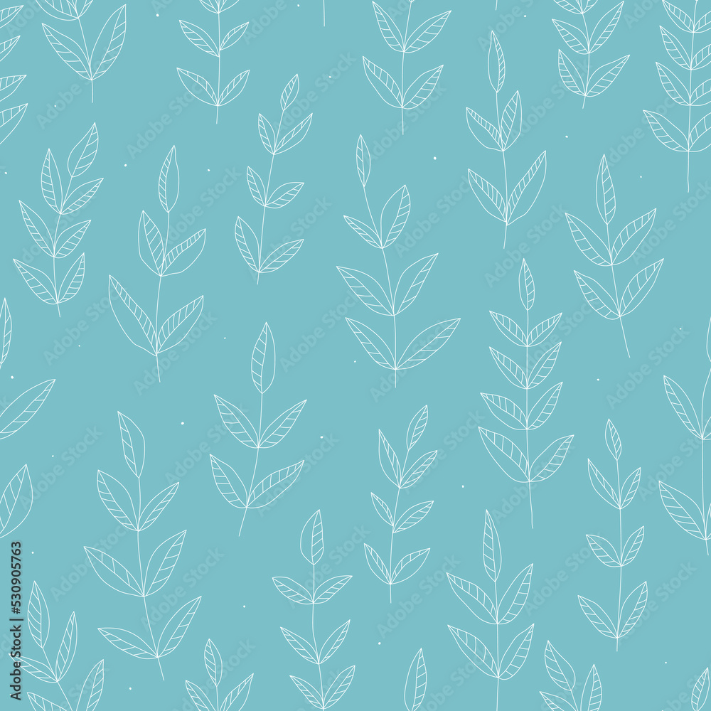 Seamless pattern with hand drawn white ink branches and dots. Vector pattern for textile, paper and other design. 