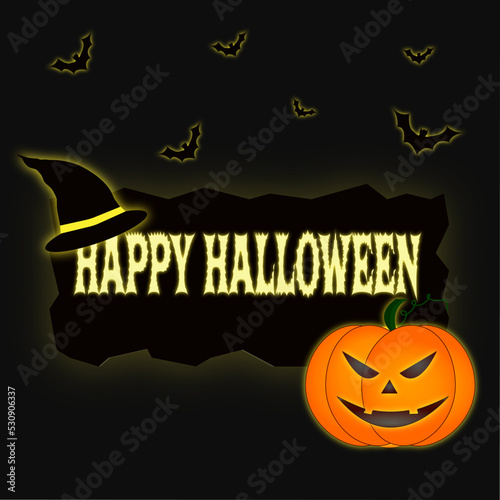 scary halloween card with pumpkin and bats