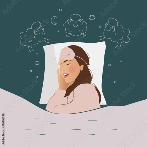 Sweet dreams banner. Happy young woman is fast asleep, having a good dream. Girl is lying in the bed under soft duvet and healthy sleeping. Sleep tight, sweet dreams concept. Flat vector illustration.